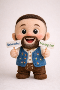 Sepp holding Oktoberfest and Fruhlingsfest signs