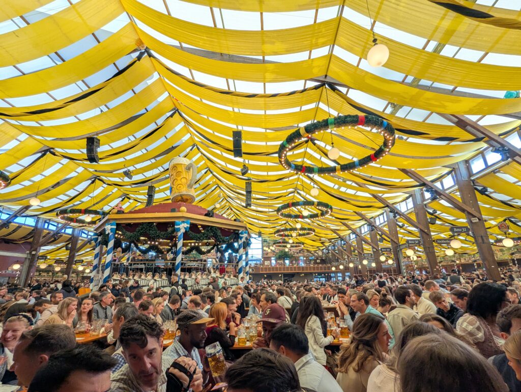 Inside a packed Oktoberfest beer tent