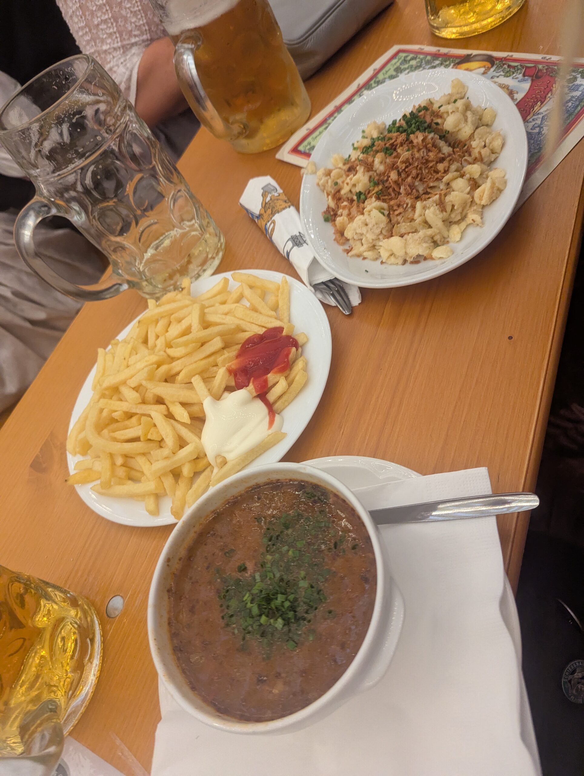 Overhead view of a traditional Bavarian food spread at Oktoberfest