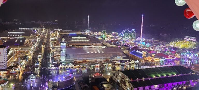 Night aerial view of the Oktoberfest fairground and beer tents in Munich