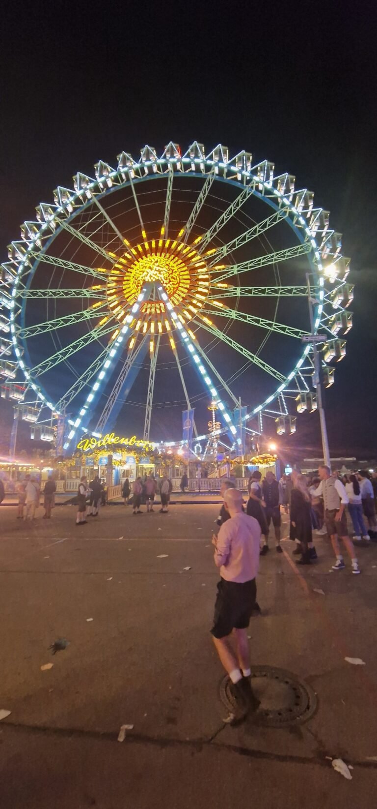 The Oktoberfest Ferris wheel lit up at night in Munich